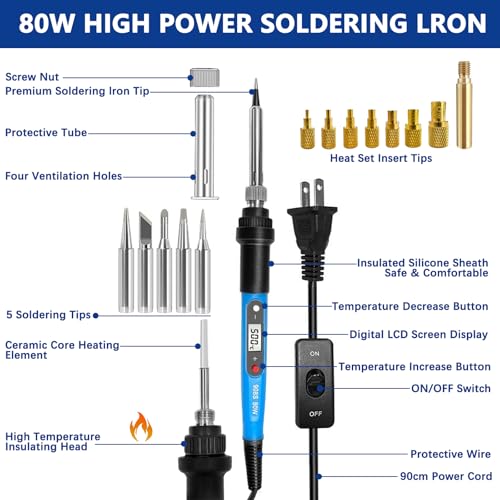 Soldering Iron Heat Set Insert Tool, 80W 110V LCD Digital Soldering Welding Iron Kit with Iron Tips and Heat Set Insert Tips, 16-in-1 Adjustable Temperature 180-500℃ Solder Kit, Blue - Image 2