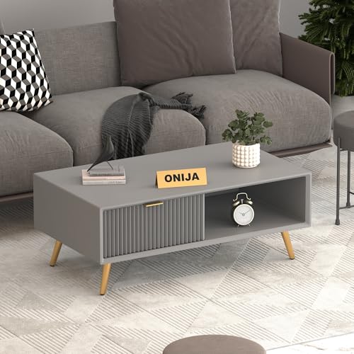 Image of ONIJA Modern Coffee Table for Living Room | HDMR Premium Wood Center Table with Storage Shelf | Matte Finish Coffee Table | Wooden Tea Table with Sturdy Legs (Grey)