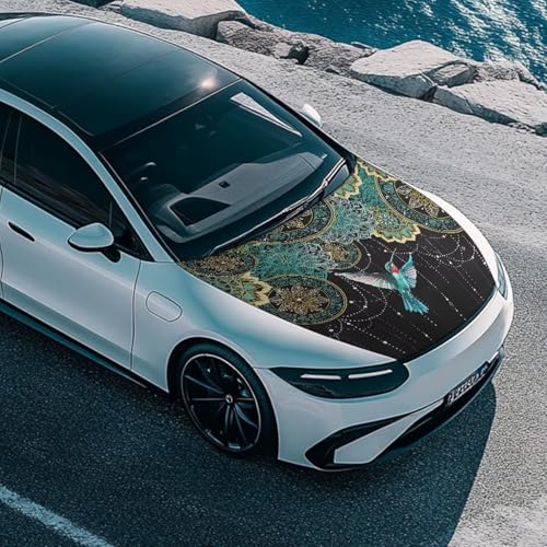 Image of Hummingbird Car Hood Cover, Tribal Mandala Protector for Vehicle Sedan SUV, Boho Ethnic Lotus Flower Bird Stretchable Auto Accessories Car Bonnet Banner