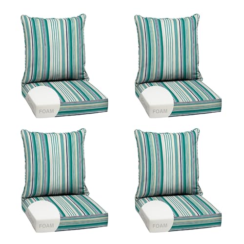 Image of Arden Outdoor Foam Deep Seat Cushion Set, 4-Pack, 24x24, Premium High-Density Foam, Never Flattens, Weather-Proof for Patio Chair Sofa Couch, Teal Cobalt Stripe