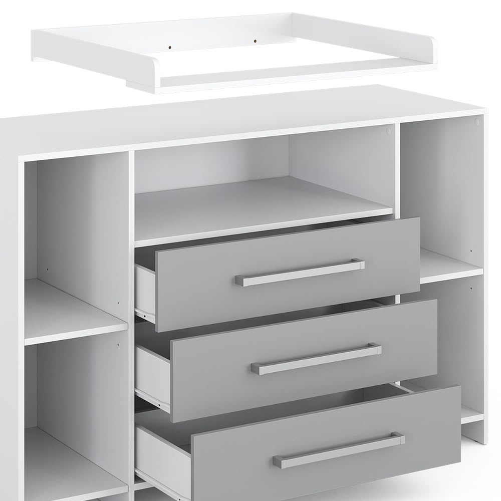 Vicco Cómoda Cambiador Oskar, Blanco/Gris, 143 x 100 cm XL con cajones, Apto como Cambiador con Zona de Almacenamiento Ampliable