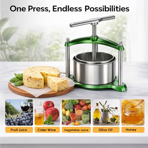 Image of Manual Cheese Press, 1.6 Gallon Heavy Duty Food Press for Cheese, Tofu & Vegetable Dehydration - Stainless Steel Basket Herb & Tincture Press with Filter Bags, Not for Hard Fruits