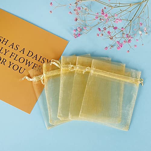 Image of HRX Package 100pcs Little Gold Organza Bags 3 x 4 inch, Mesh Jewelry Pouches Drawstring Empty Sachets for Bracelets Candy Small Gift