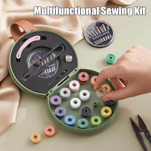 Image of Curated Cart Portable Sewing Kit Combo - Sui Dhaga Kit Organizer - Thread, Scissors, Needles, Pins, Measuring Tape, Thimble - DIY Travel & Home Sewing Repair Set - Sewing Thread Box Mini Set - Beige