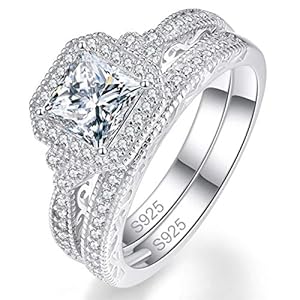 Bonlavie 925 Sterling Silver Princess and Round Cut White Cubic Zirconia Engagement Ring Set for Women Girls