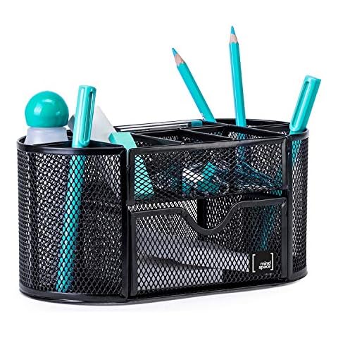 Mindspace Office Desk Organizer with 8 Compartments + Drawer | Desk Caddy Pen Holder For Office Accessories | The Mesh Collection, Black Cover