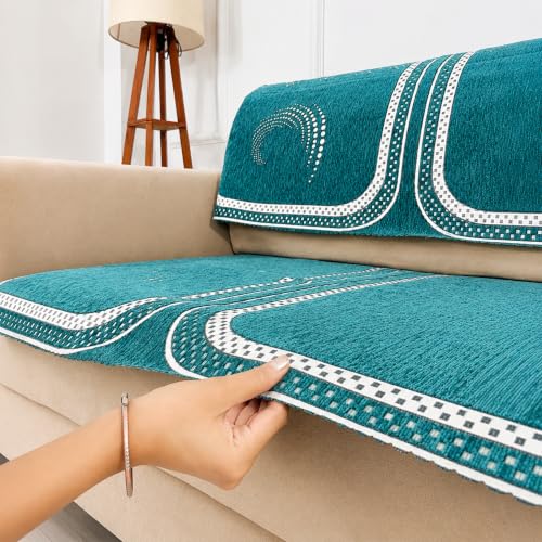 Image of Homerz Premium Chenille Fabric Sofa Cover | Soft, Durable & Dustproof | Decorative Couch Cover (Ghoomar Teal, 5 (3+1+1) Seater, Seat Cover with Backrest)