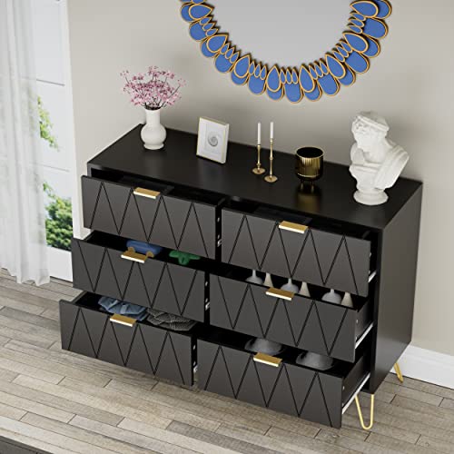 Anbuy Black 6 Drawer Dresser For Bedroom, Large Double Dresser With Wide Drawers And Gold Handles, Modern Chest Of Drawers #TOP3