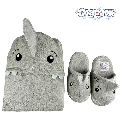 Image of SoapSox Hooded Towel & Slipper Set for Kids - Soft Cotton Towel w /Hand Pockets + Matching Slippers - 27x45 inch Gift Set