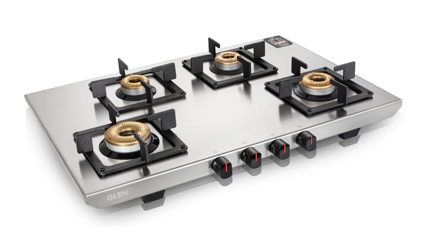 Glen Gas Stove 4 Burner Ultra Tuff Stainless Steel PNG Gas Stoves Silver | Forged 4 Brass Burner Gas Stove | Revolving Inlet Nozzle | 2 Years...