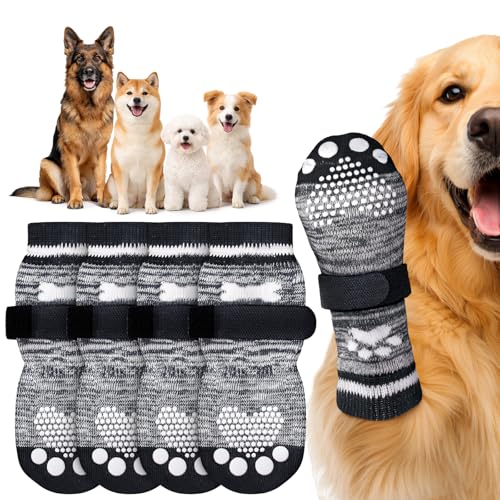 PICK FOR LIFE 2 Pairs Anti Slip Dog Socks with Grips for Injured Paws Durable Dog Socks Paws Stop Licking Scratching Dog Paw Protectors for Senior Dogs Indoor Hardwood Floor Walking (Grey L)