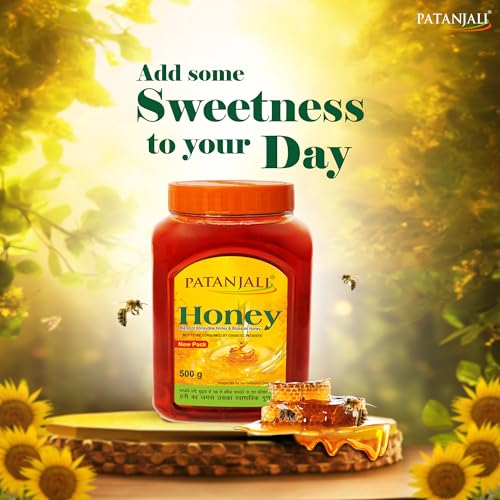 Image of Patanjali Pure Natural Honey 500g - No Added Sugar Raw Natural Bee Madhu Honey | No Artificial Colour | Ideal for Eating Cooking & Daily Wellness Use (Pack of 3)