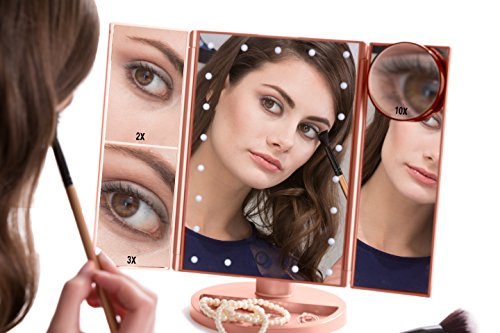 4-in-1 LED Lighted Makeup Mirror - Cordless Vanity Mirror with Lights - 4 Rose Gold Mirrors in One (1X, 2X, 3X, 10X) with Detachable Portable Pocket Mirror, Powered by USB or Batteries (included)
