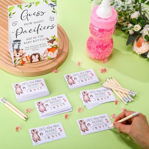 Image of Roowest 512 Pcs Baby Shower Games Guess How Many Pacifiers Sign 100 Small Guessing Games 10 HB Pencils 750ml Milk Bottle 400 Acrylic Pacifiers Decoration for Guest Gender Reveal(Vivid,Woodland)