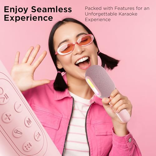 Image of Wireless Bluetooth Karaoke Mic with 5W Speaker,Upto 3-Hour Playtime, Dynamic RGB Lights, Music Recording, Duet Singing, Mini Karaoke Machine for Car Travel, Fast Charging (Pink)
