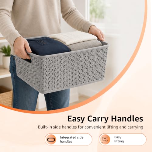 Image of Amazon Basics Set of 3 (Small, Medium, Large) Plastic Storage Baskets with Lid Stackable Shelf Basket, Storage Box & Organiser for Wardrobe, Kitchen,Clothes, Toys, Books, Office (Grey, Rectangular)