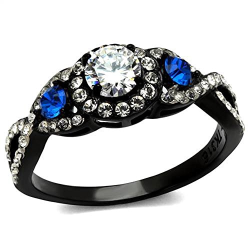 Marimor Jewelry 1.26 Carat Clear and Blue Cubic Zirconia Halo Stainless Steel Black Engagement Ring