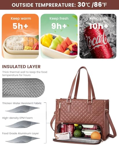 Image of Crewer Elegant Work Bag with Lunch Compartment - Laptop Tote Bag with Lunch Box Section, Office Bag with Insulated Lunch Storage - Stylish Quilted Shoulder Bag for Women.