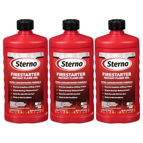 Sterno Charcoal Lighter Fluid Fire Starter Gel for Pellet Stoves BBQ Grilling Campfire Ethanol Clean Burning Instant Flame - Ultra-Concentrated All-Weather for Indoor & Outdoor - 3-Pack 16oz
