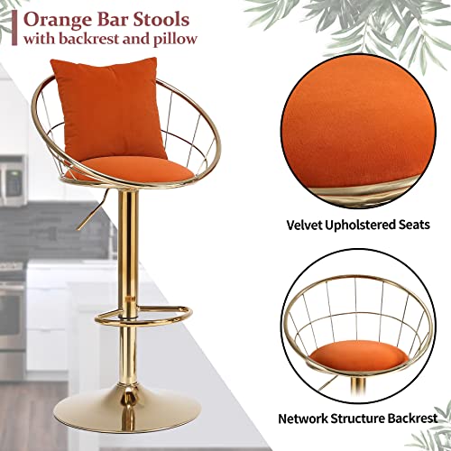 Homtique Bar Stools Set Of 2, Velvet Counter Height Bar Stools With Back, Adjustable Height Barstools With Gold Base & Pillow, Swivel Bar Chairs For Kitchen Island, Dining Room,Pub (Orange) #TOP4