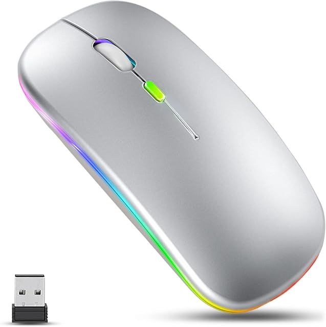GLOBAL TECH LED Wireless Mouse, Slim Rechargeable Wireless Silent Mouse, 2.4G Portable USB Optical Wireless Cordless Mice with USB Receiver for Laptop, PC, Computer, Mac (Silver)
