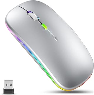 GLOBAL TECH LED Wireless Mouse, Slim Rechargeable Wireless Silent Mouse, 2.4G Portable USB Optical Wireless Cordless Mice with USB Receiver for Laptop, PC, Computer, Mac (Silver)