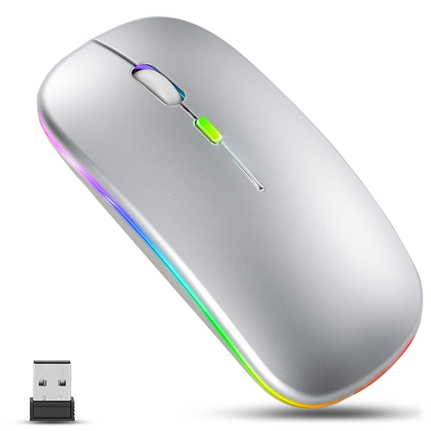 GLOBAL TECHLED Wireless Mouse, Slim Rechargeable Wireless Silent Mouse, 2.4G Portable USB Optical Cordless Mice with USB Receiver for Laptop, PC, Computer, Mac (Silver)
