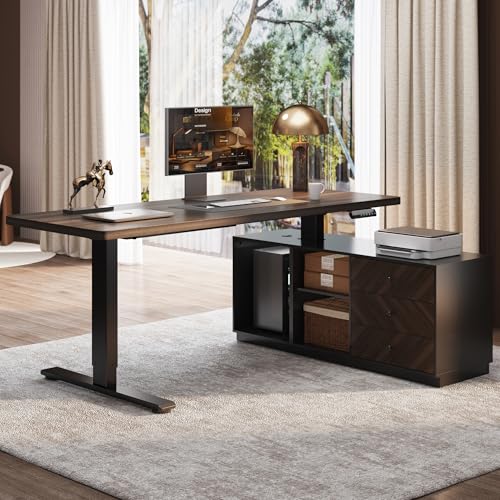 FLEXISPOT 71' L Shaped Executive Standing Desk with Storage & PC Case, Secretary Desk with Dual Motor Lift, 222 LBS Capacity, 1' Thick Desktop, Idea for Home Office, Black Walnut, 3 Packages