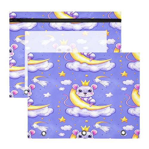 KEEPREAL Pacote com 2 bolsas para fichário de ratos de desenho animado com zíper e janela transparente - Acessórios de fichário de 3 anéis à prova d'água para material de escritório, estojo de lápis e