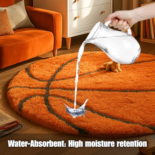 Image of Modern Shaggy Round Rug | Ultra-Soft Plush Circle Carpet for Living Room, Bedroom, Nursery | Fuzzy, Fluffy Area Rug with Non-Slip Base Orange Ball 6x6 feet