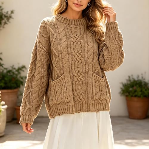 Cable Knit Sweater Women Oversized Crew Neck Long Sleeve Knit Pullover - image 3