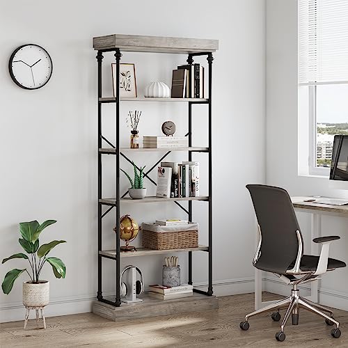 IDEALHOUSE Industrial Bookshelf Wood Bookcase 6 Tier Storage Open Rack Shelf with Metal Frame Rustic Tall Standing Bookshelves Large Grey Display Rack for Bedroom,Living Room and Home Office