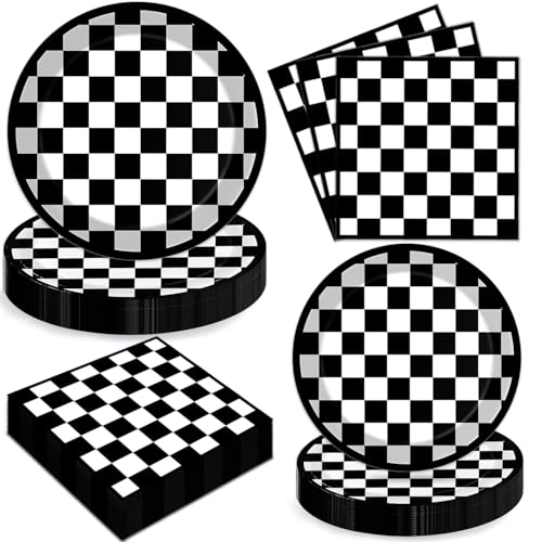 Oigco 60 PCS Race Car Birthday Party Decorations Checkered Flag Plates and Napkins for Cars Birthday Decorations Serves 20