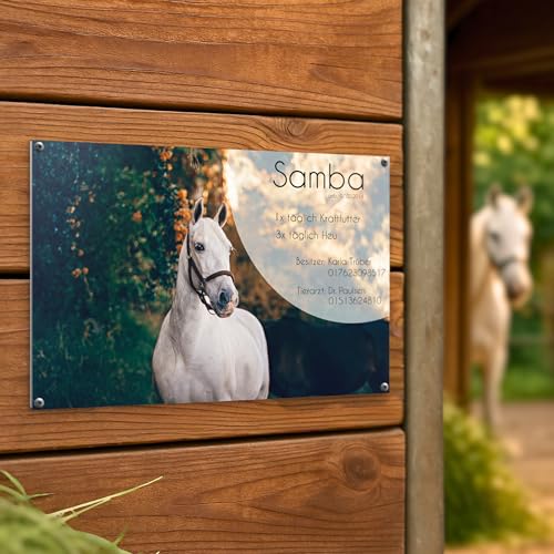 Pferdeschilder Boxenschilder mit eigenem Foto und Wunschtext | AluDibond Alu Verbundplatte | 30x20 cm | sofort personalisierbar | inkl. Brandzeichen & Motiven