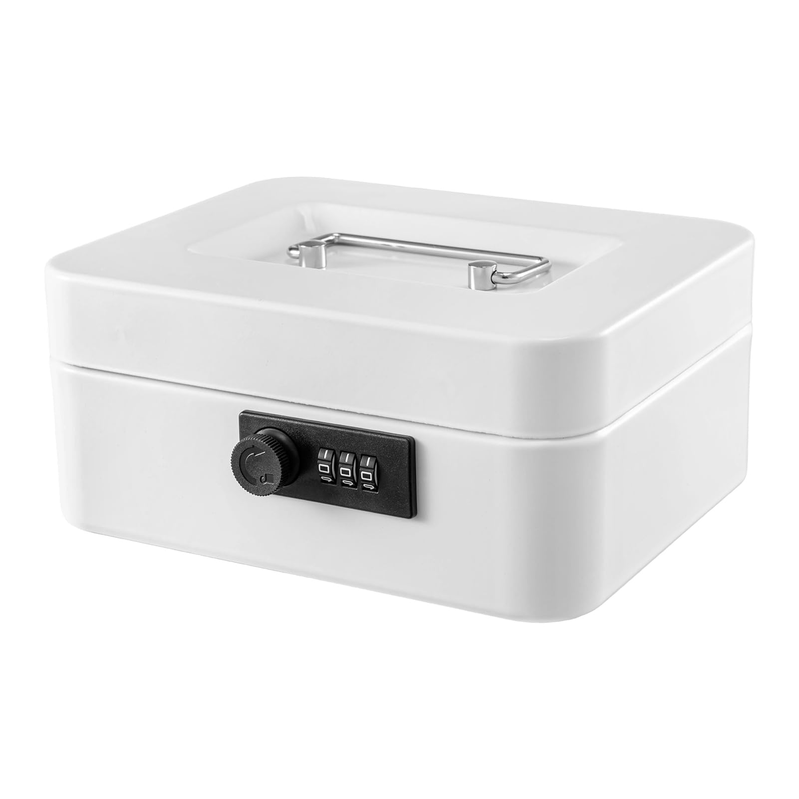 SUNNYNEST Cash Box Lockable Metal Money Box Portable Removable Lid Coin Box 25 * 19.5 * 9CM Secure Safe for Home Office and Small Valuables (White)