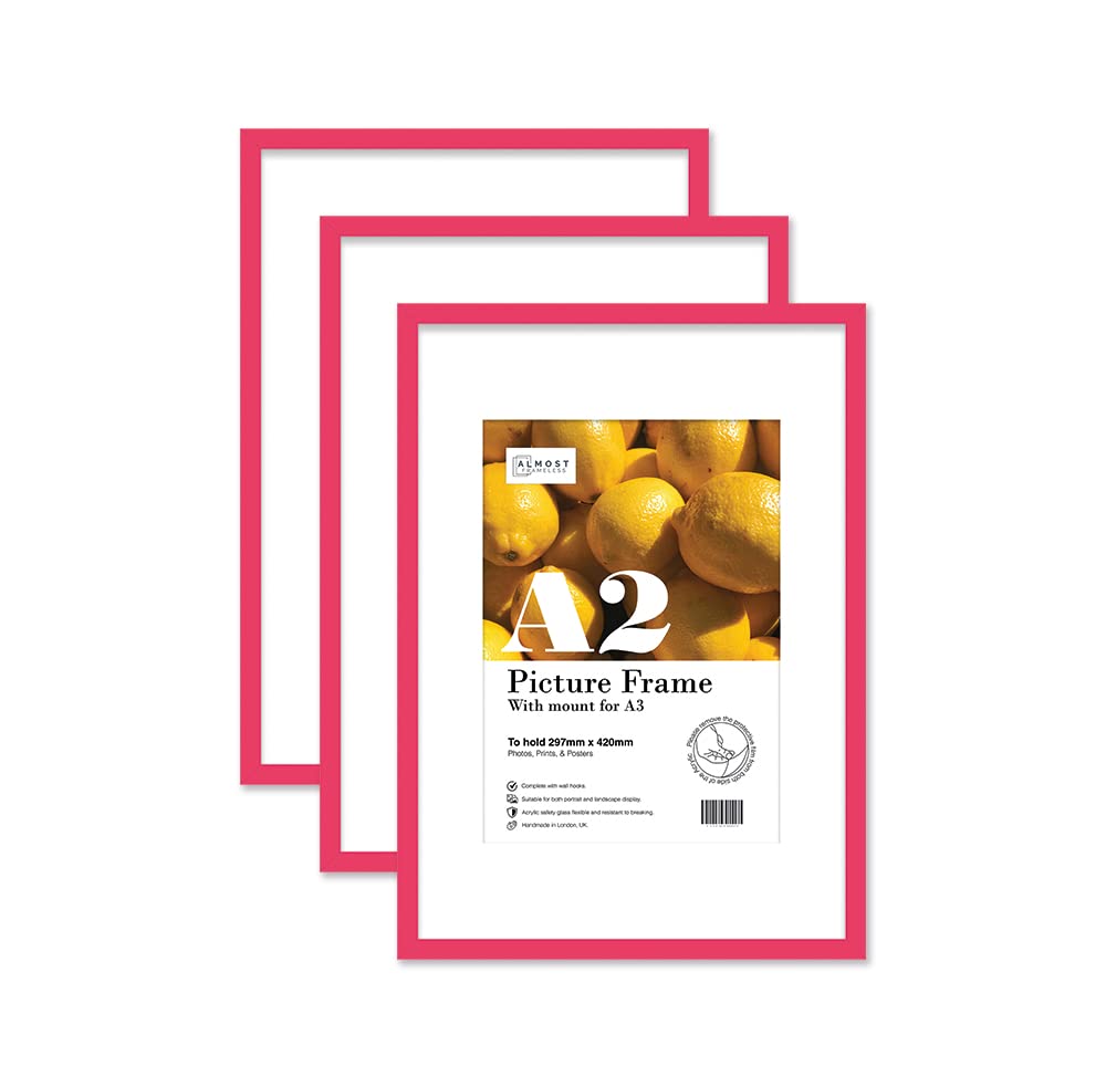 Almost Frameless A2 Bright Pink Picture Frame Set of 3, Display A3 Pictures with Mount or A5 Without Mount Gallery Wall, Poster, Photo, Artwork, or Print, Bright Pink