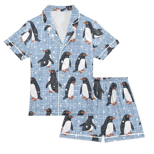 senya Penguins Plaid Blue Satin Summer Pajama Sets Silk Short Sleeve Button Down Sleepwear