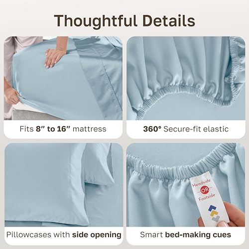 Image of California Design Den Full Size Sheets Set - 600 Thread Count Sateen, 100% Cotton Sheets, Deep Pockets with All Around Elastic, Snug Fit, Durable Bedding Set - Sea Mist Blue