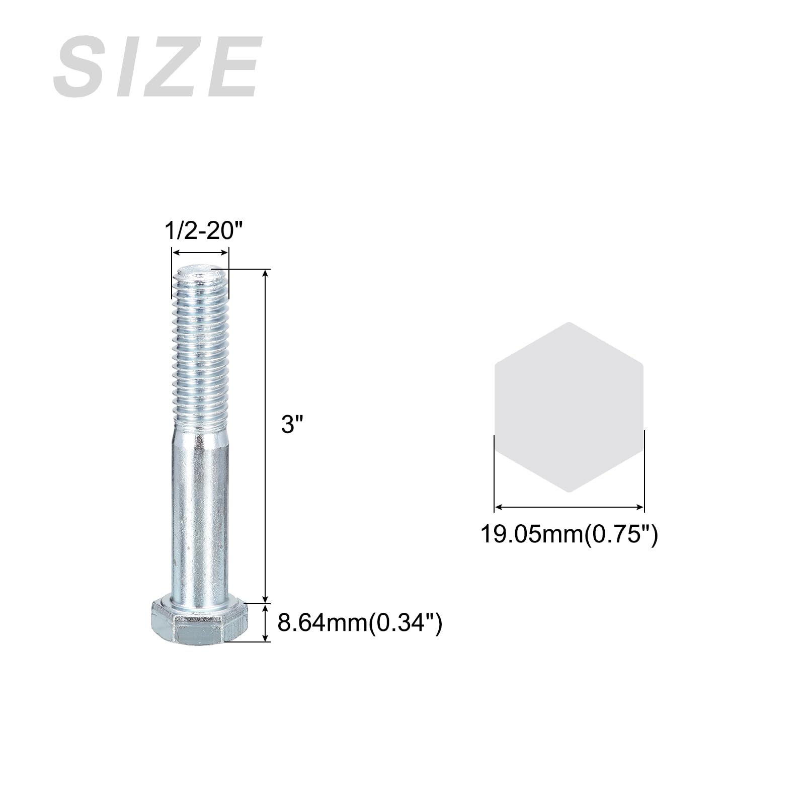 METALLIXITY Hex Bolts (1/2-20x3") 5Pcs, Grade 2 Carbon Steel Zinc Plated Partial Threaded - Image 2