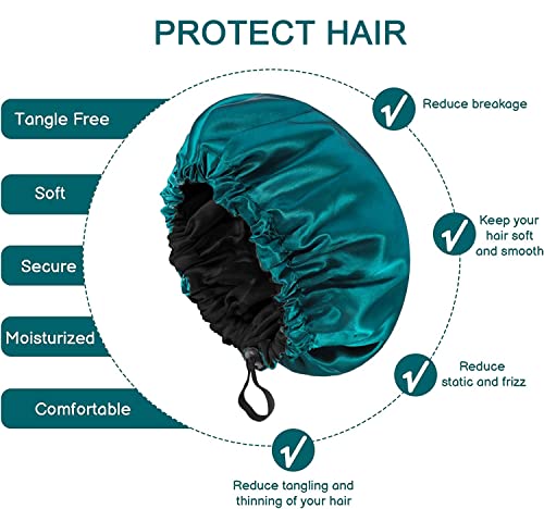 Fuyamp 2 Packs Satin Sleep Cap Shower Cap,Adjustable Silky Sleep Bonnet for Women Long Curly Hair Double-Sided Waterproof Satin Bath Cap Hair Cap for Women Sleeping Bathing(Black+Lake Green) - Image 3