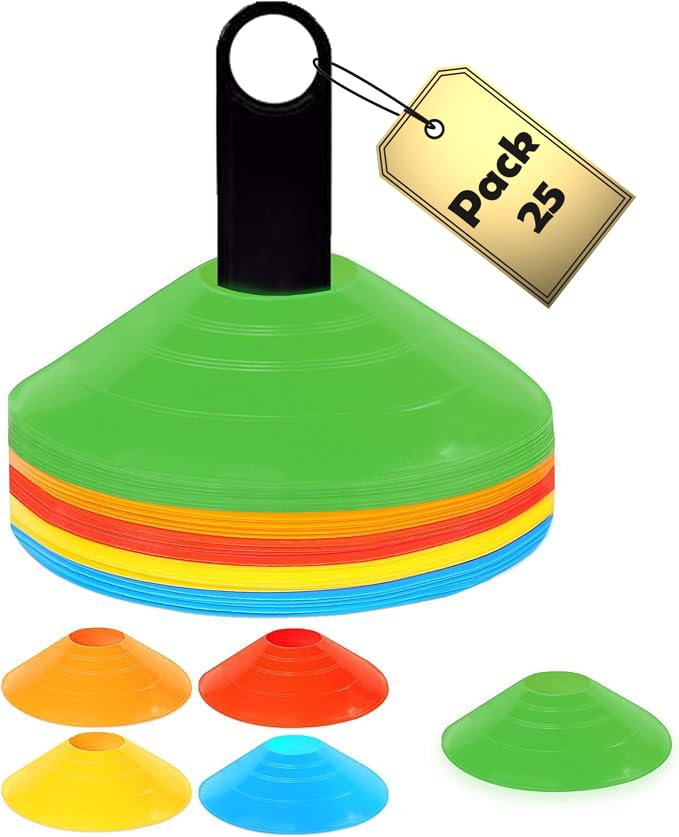 PeerMary Soccer Cones 100/50/25 Pack with Carry Bag & Holder Five Colors | Agility Disc Cones Set for Training | Sports Practice Equipment for Soccer,