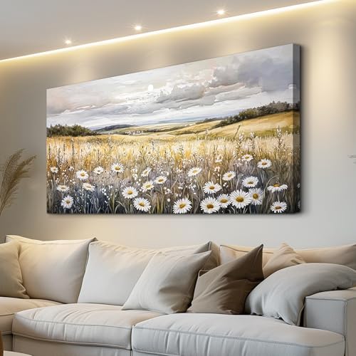 ZUITINGHUA Large Wall Decor For Living Room Canvas Wall Art For Office Modern Wall Decorations For Bedroom White Flower Landscape Painting Grassland Pictures Artwork Room Home Decor 24x48 In
