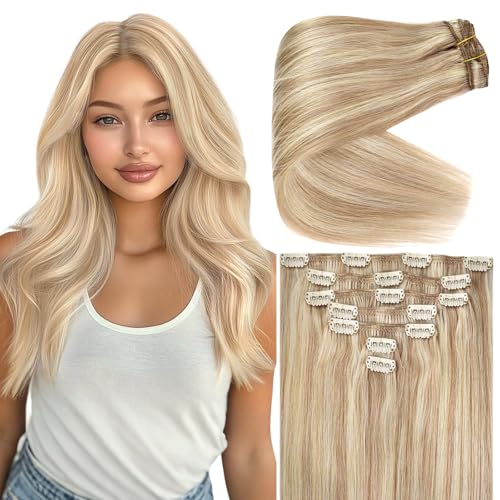 Ve Sunny Real Hair Clip in Extensions Blonde Highlight Warm Color Hair Extensions for Women Remy Clip in Human Hair Extensions Straight 7pcs 14 inch 100g