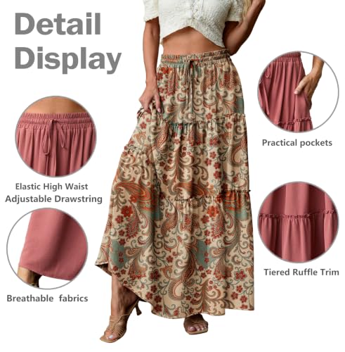 Image of Lepunuo Womens Casual Boho High Waisted Flowy Maxi Skirts Tiered Floral Long Skirts with Pockets for Summer Beach Vacation