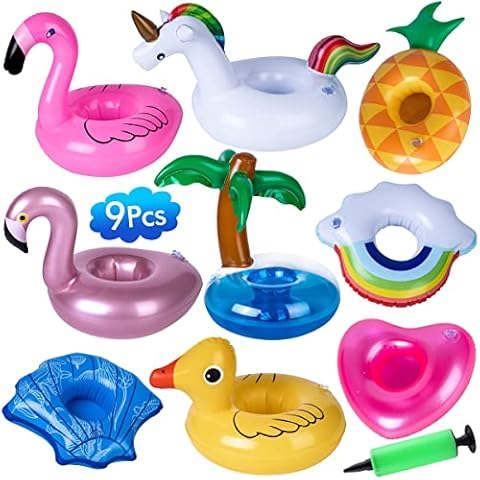 Fyvadio Inflatable Drinks Holder, 9 Pieces Pool Cup Holder Floats with Air Pump, Floating Drink Cup Bath Holder, Inflatable Cup Holder for Kids Family Pool Party Cover