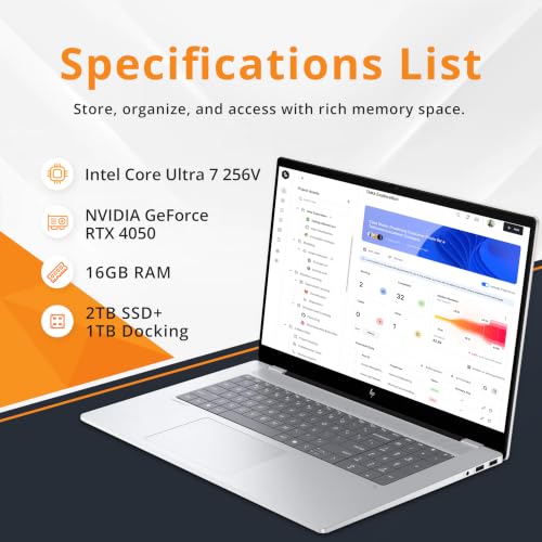 Image of HP OmniBook X 17.3 inch FHD Touchscreen Laptop, Intel Ultra 7 256V, 16GB RAM, 3TB Storage (2TB SSD+1TB Docking Station), GeForce RTX 4050, Backlit Keyboard, Copilot+ PC, Wi-Fi 7, Win 11 Pro, Silver