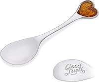 Vista 1 de Cuchara de buena suerte, plata de ley pulida, cuchara de plata con corazón ámbar y grabado de la suerte para un ser querido, regalo para aniversario