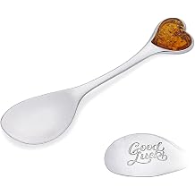 Good Luck Spoon, Polished Sterling Silver, Silver Spoon with Amber Heart and Lucky Engraving for A Loved One, Gift for Wedding Anniversary, Birthday or Anniversary