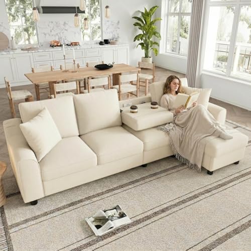 NuvlaGu Moderne L-vormige chenille bank 3-zits met chaise longue, hoekbank met opbergruimte, inklapbare rugleuning met bekerhouders, multifunctionele modulaire woonkamerbank, beige
