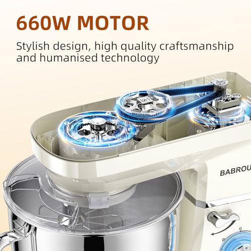 Image of Dough Mixer 8.45 QT Electric Mixer - 660W 6 Speed Large Capacity Kitchen Stand Mixer with Whisk Dough Hook Mixing Beater Household Food Mixer for Baking Cakes Cookie Bread Salad(White)